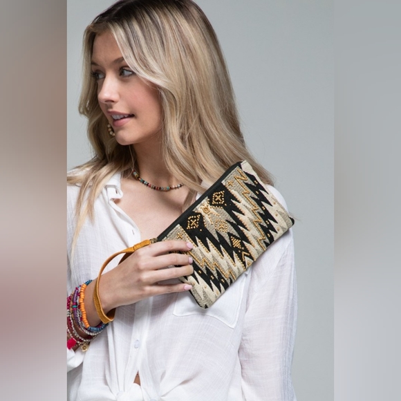 Handmade Hand Beaded Wristlet Clutch - Ethnic Inspired Design - Dyed Fine Cotton - Picture 2 of 7